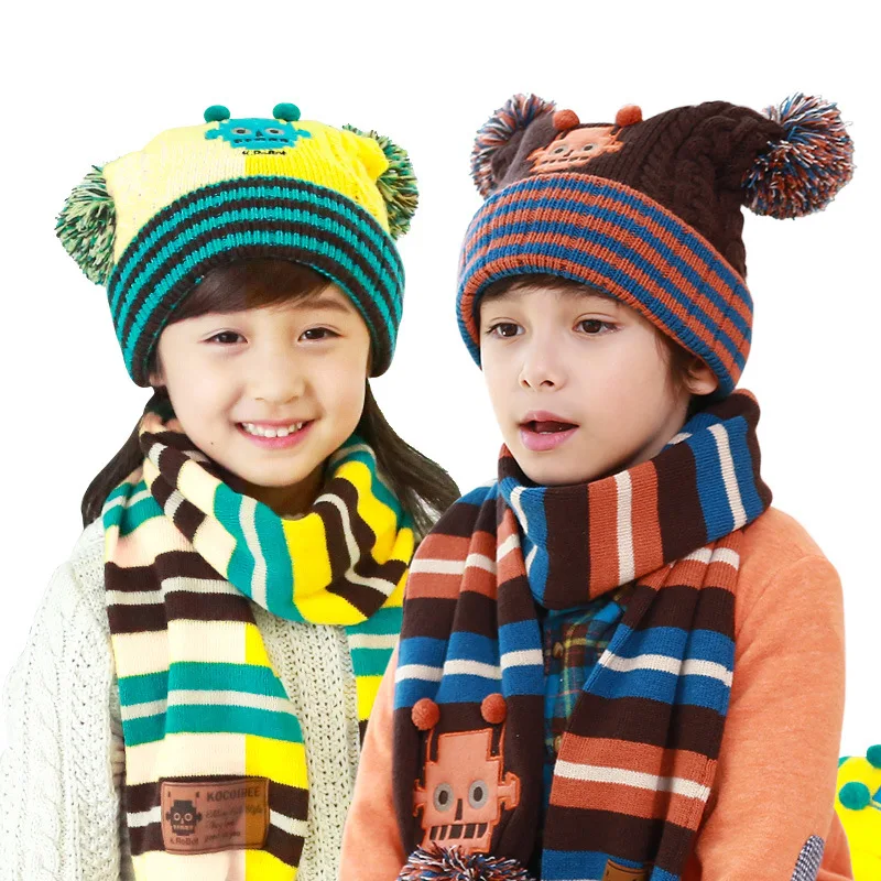 Детский вязаный шарф и шапка, детский зимний теплый вязанный шарф и шарф с шапочка с помпонами для мальчиков и девочек