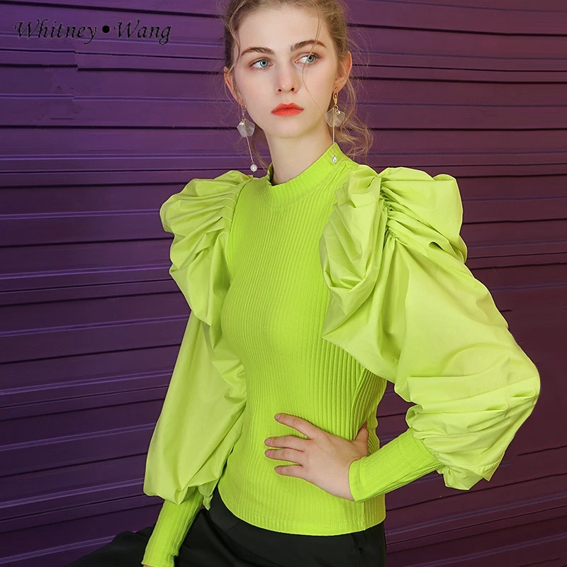 

WHITNEY WANG Sweaters 2019 Autumn Fashion Streetwear Puff Sleeve Ruched Patchwork Knitting Sweater Women sueter mujer invierno