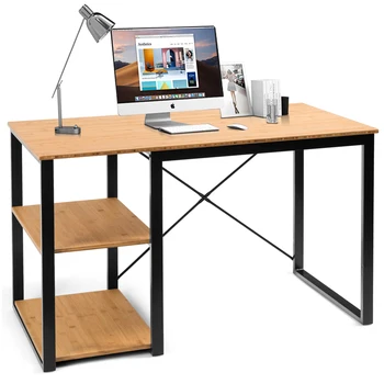 

Costway Computer Desk Study Workstation Writing Desk w/Bamboo Top & 2 Storage Shelves