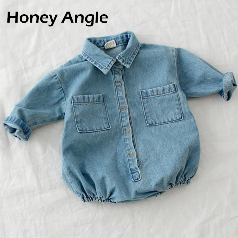 Honey Angle/Одежда для альпинизма для мальчиков и девочек; джинсовый Детский комбинезон с отворотом; забавная одежда для малышей; весенне-осенний комбинезон в Корейском стиле для новорожденных