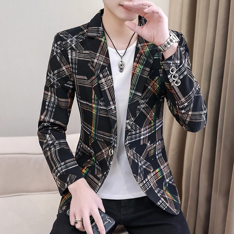 New Plaid Blazers Men Slim Fit Business Casual Suit Jacket Korean Wedding Social Office Dress Coat Streetwear Costume Homme