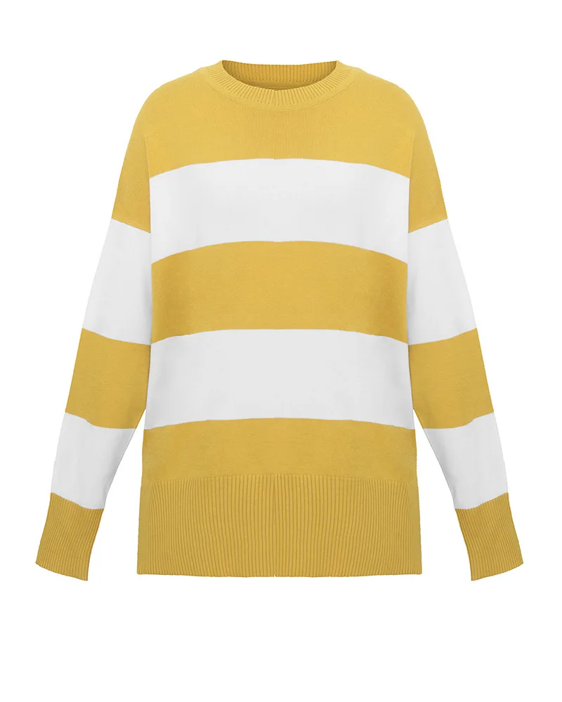 Джемпер в полоску с разрезом; сезон осень-зима; вязаный свитер для женщин; ; вязаные свитера; свободные женские пуловеры; желтый женский свитер - Цвет: Цвет: желтый