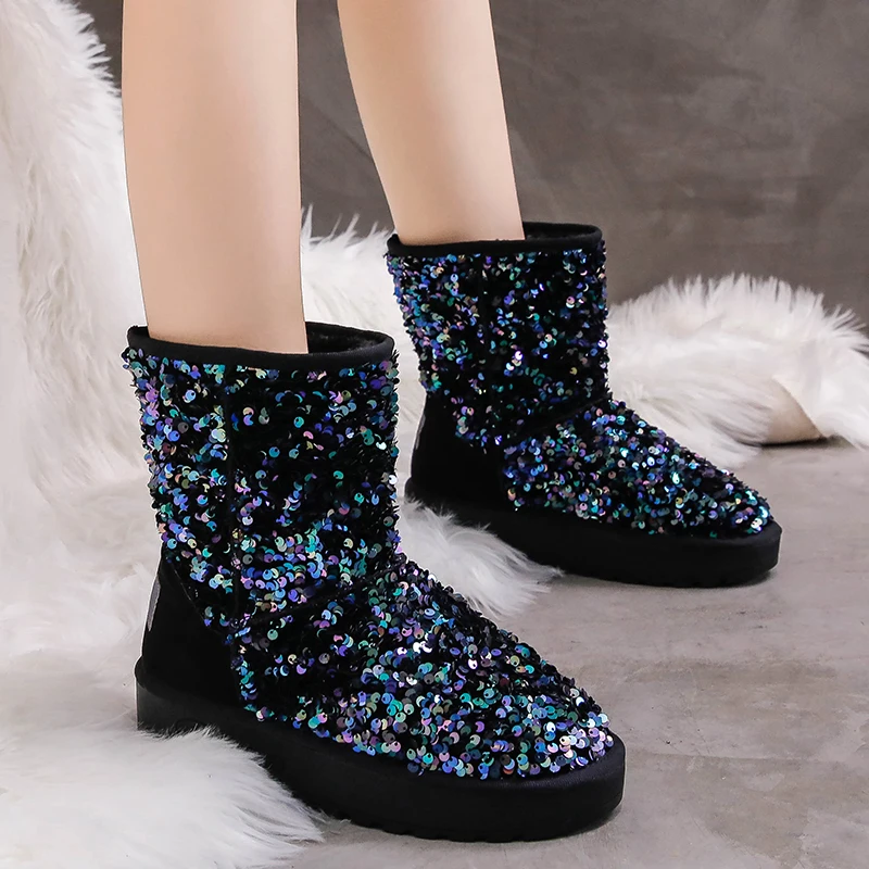 Ceny Rimocy klasyczne ciepłe pluszowe buty zimowe śnieg kobiety Slip on platformy cekiny płaskie buty kobieta grube dno Glitter Booties Mujer
