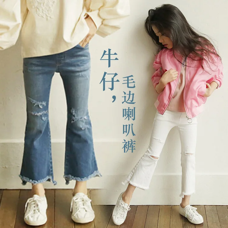 

Korean-style Childrenswear 2019 Spring And Summer New Style Women's Big Kid Jeans Flash Boot-Cut with Holes Jeans Cropped Pants
