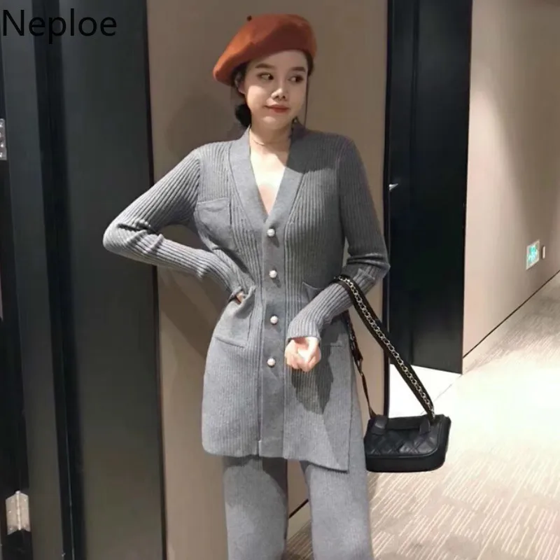 

Neploe Autumn Winter Knit Women Set Small Fragrance Slim Fit Mid Long Cardigans + High Waist Drape Wide Leg Pants Solid 46562