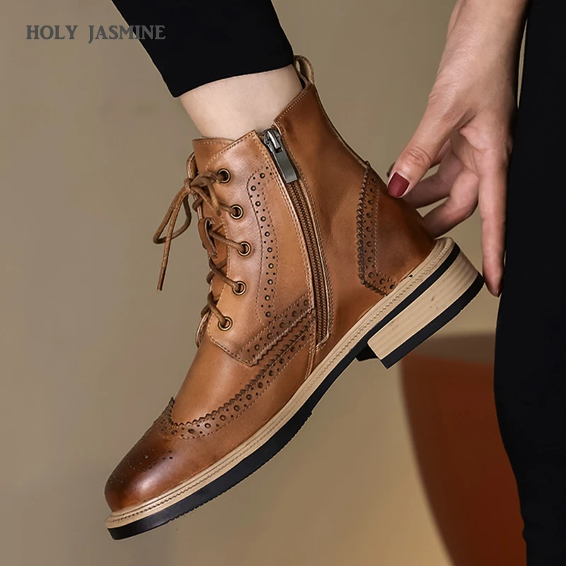 New Genuine Leather Martin Boots Spring/Autumn Cutout Lace Up Zip Women Boots Round Toe Flat with Shoes Med(3cm-5cm) Microfiber