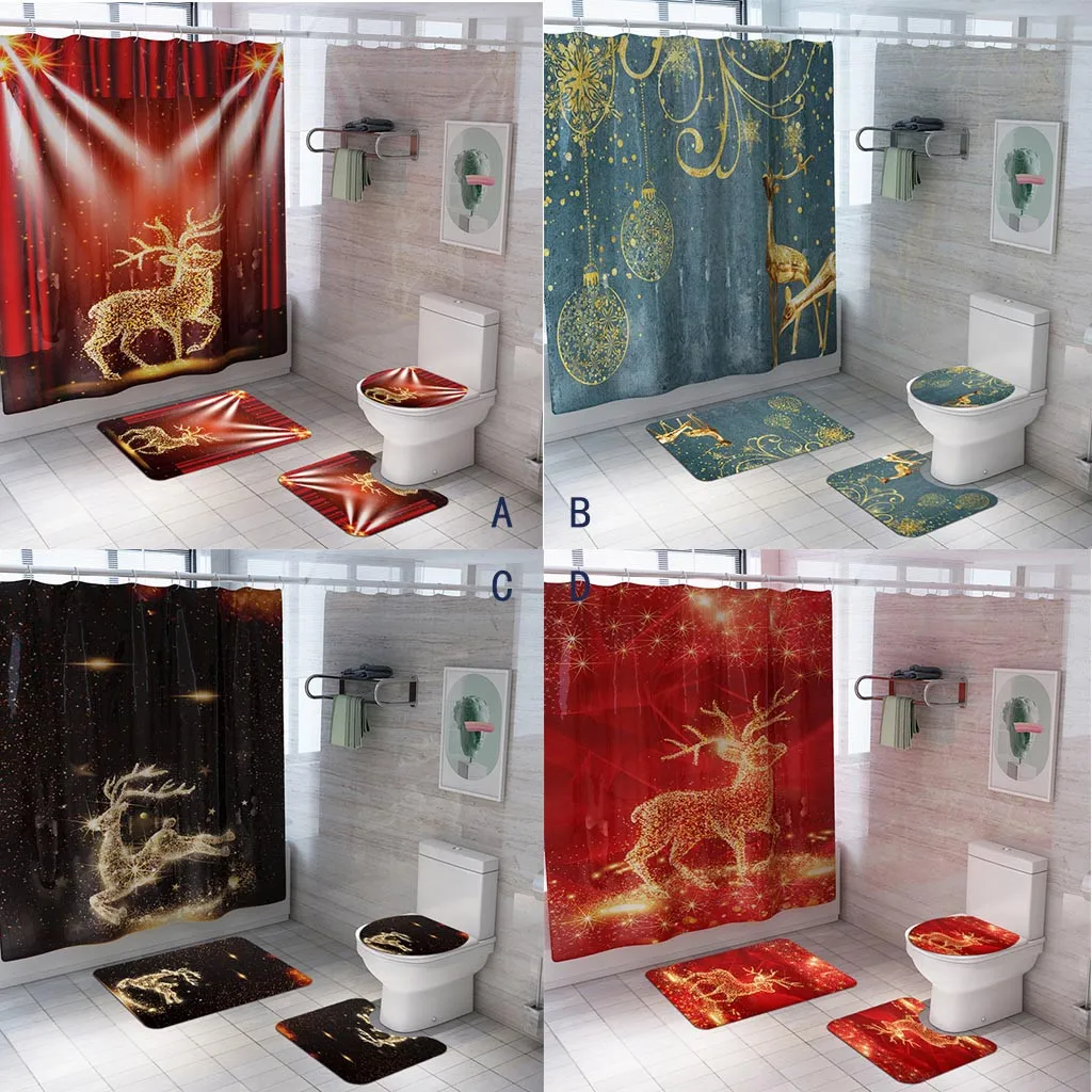 

Christmas bathroom decoration printing privacy shower curtain Elk Print Toilet Bathroom Mat Four-Piece Set шторка для ванной c5