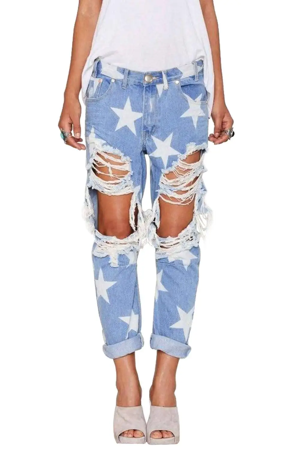 LORDLDS Women Blue Star Jeans Ripped Ladies Jeans trousers denim Cotton boyfriend jeans for women - Color: blue