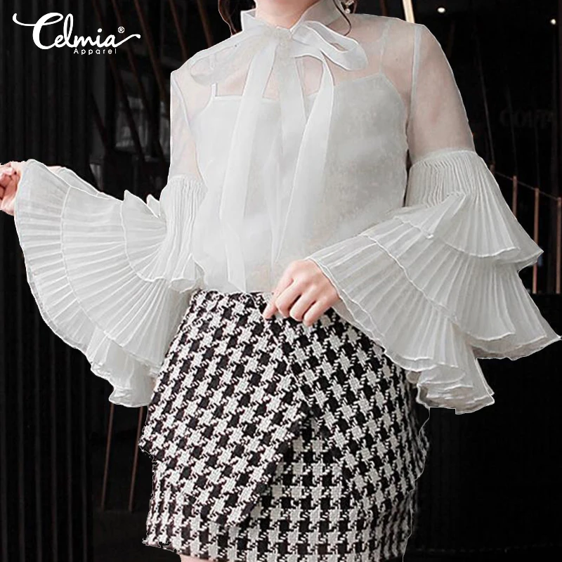 Celmia-Blusa blanca transparente de manga larga con volantes para mujer, blusa Sexy holgada de talla grande 5XL - Ropa de