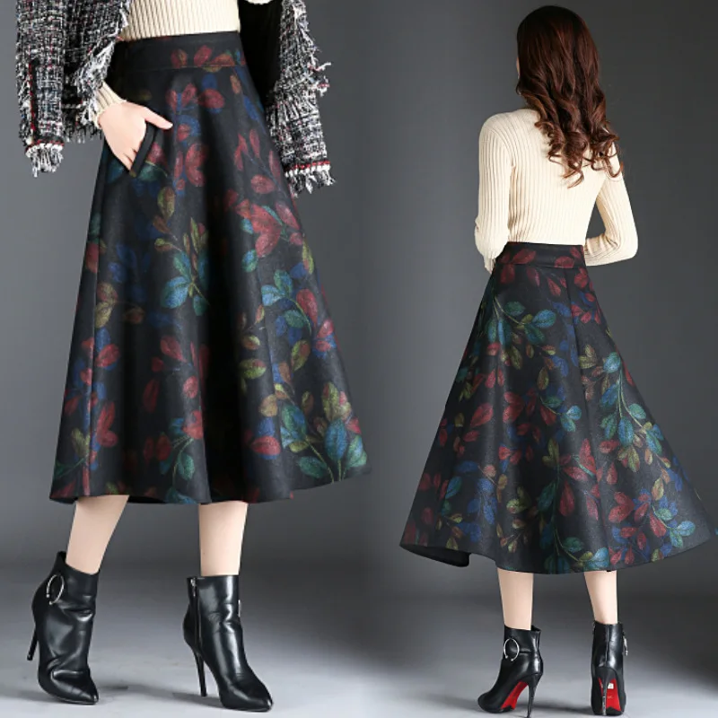 

Woolen Skirt Women's 2019 Autumn And Winter New Style High-waisted Mid-length Slimming Large Size A- line Skirt Printed over-the