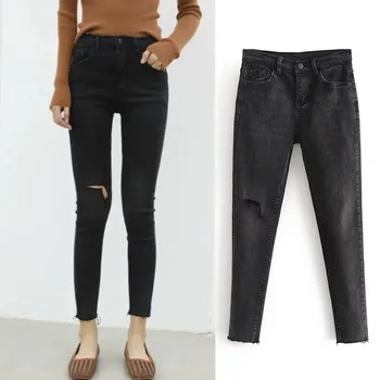 

Ripped Skinny Womens Jeans Ankle Pencil Pants Slim Elastic Denim Pants Jean Leggings Female Cotton Cut Jeggings Jeans Black
