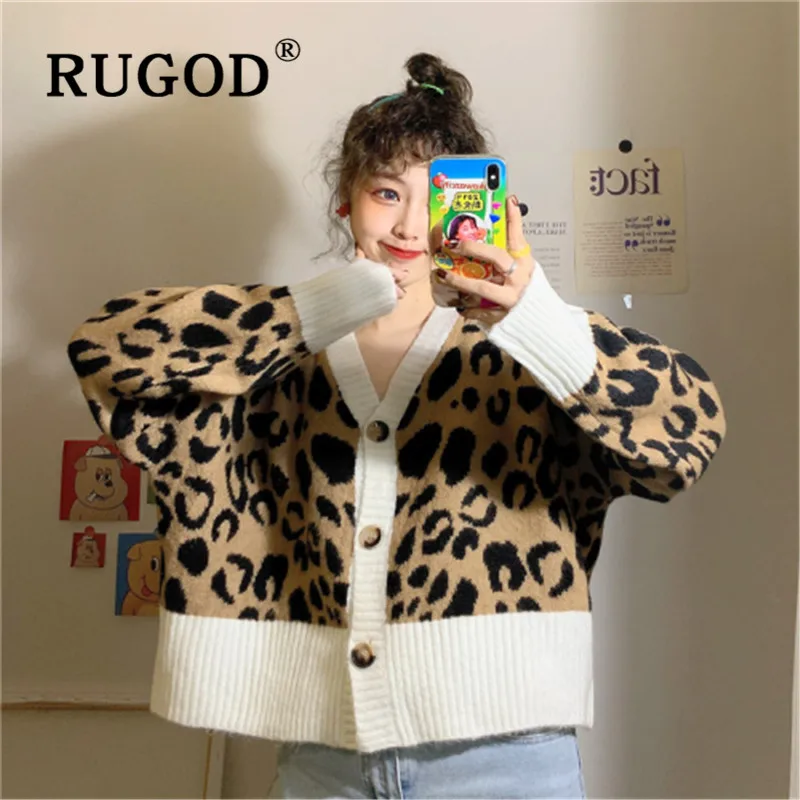 

RUGOD V-neck Sweater Women Korean Style Leopard Long Sleeve Loose Knitted Cardigans Autumn And Winter 2019 Casual Truien Dames