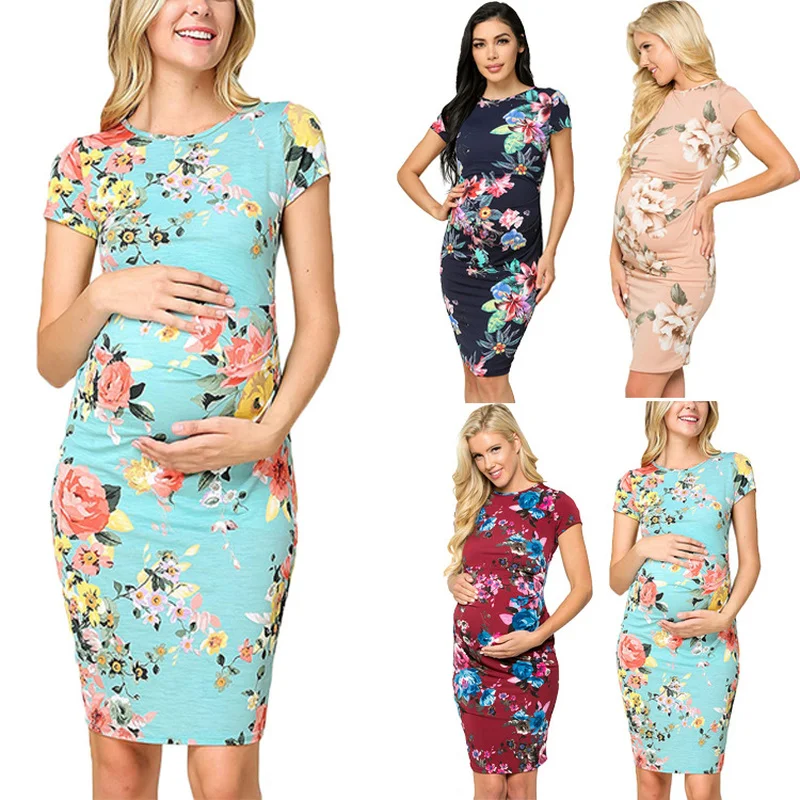 

2019 New Arrival Vintage Print Pregnancy Dress Short Sleeve Boat Neck Casual Soft Fashion Maternity Dresses for Photo Shoot