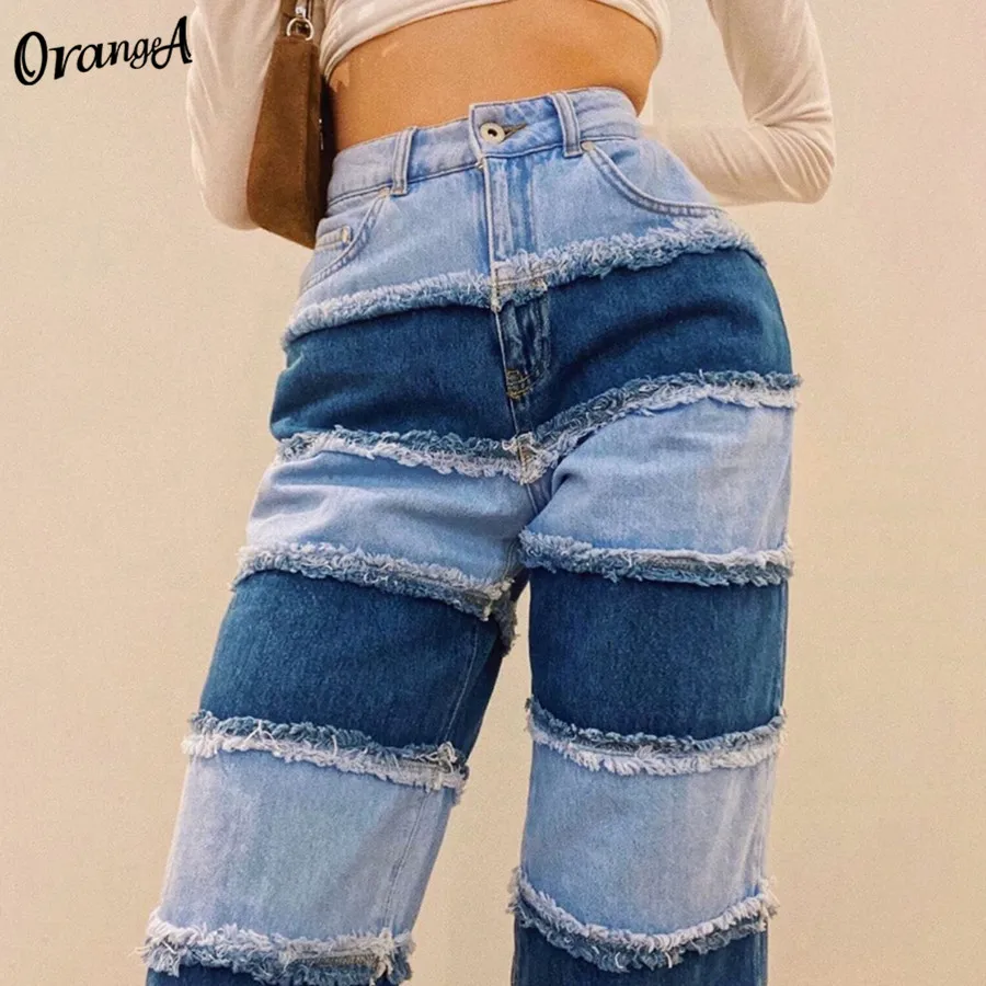 

OrangeA Women Cotton Vintage Patchwork Y2K Pants High Waist Jeans Soft Korean Hip Hop Straight Loose Streetwear Denim Trousers