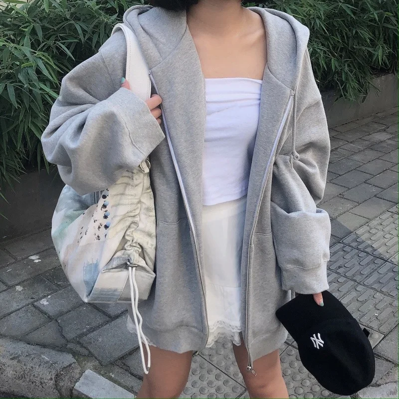 Women Oversized Loose Hoodies Sweatshirts Autumn Winter Solid Color Long Sleeve Hooded Tops Female Zip-Up Pockets Coats Clothing white hoodie
