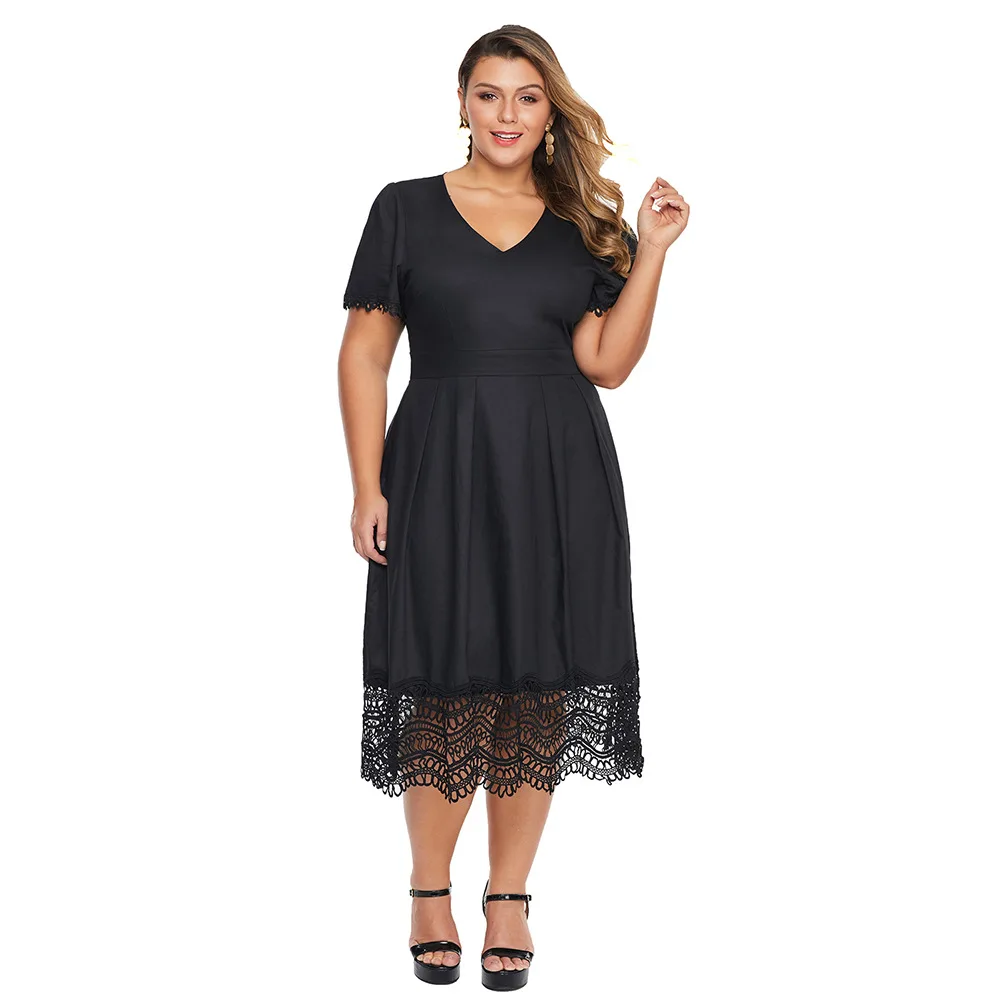 5XL плюс Размер летнее платье для женщин Мода V шеи короткий рукав кружева лоскутное платье с высокой талией вечернее платье туника