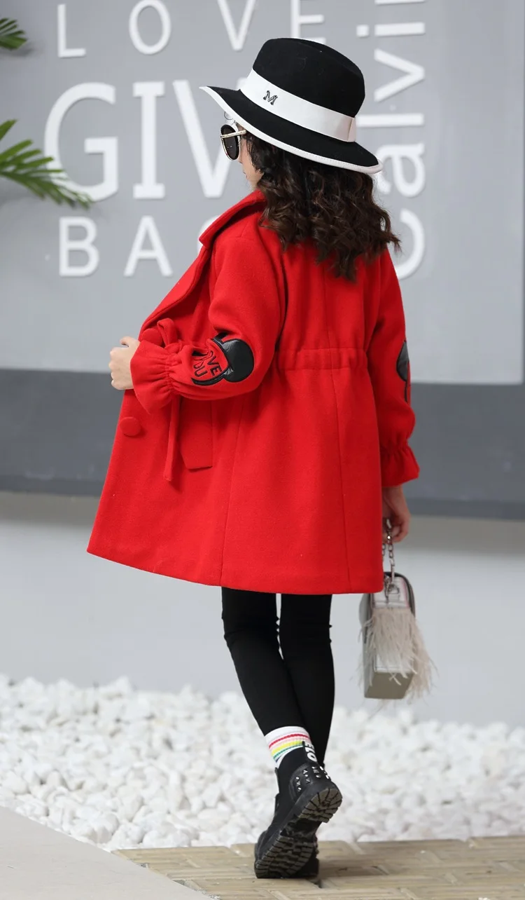 Girls woolen coats Children pure color lapel windbreaker Winter Kids pompon outwears