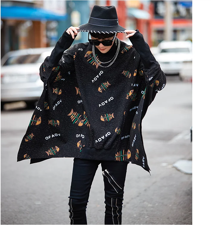 Spring and autumn loose high collar cape windbreaker men's trend printing casual jacket chic original bat sleeve cloak