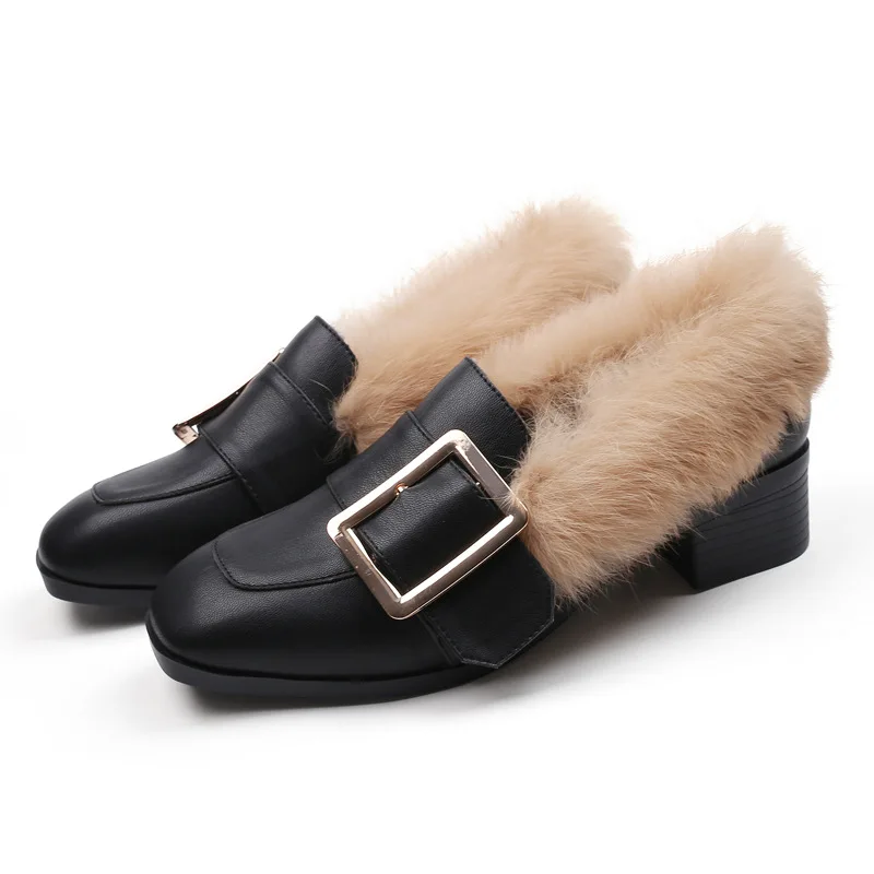 Autumn Ankle Boots Woman Fashion Slip-on Non Slip Warm Fur Shoe Winter Thick Heel Black Microfiber Furry Shoes Ladies