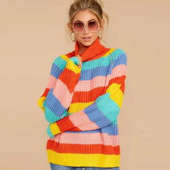 

Fashion sweater women pull femme rainbow striped Pullovers casual Streetwear multicolor Cashmere blouse for ladies 2019