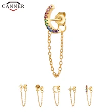 1 шт., 925 пробы, серебряные серьги-цепочки с кристаллами и цирконием для женщин, золотые, серебряные, цвета радуги, Луны, звезды, CZ, серьги-гвоздики, ювелирные изделия для ушей