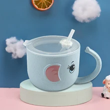 Baby Feeding Bottle Kids Cup Silicone Sippy Children Leakproof Drinking Cups Cartoon Infant Straw Handle Wheat-Straw Drinkware