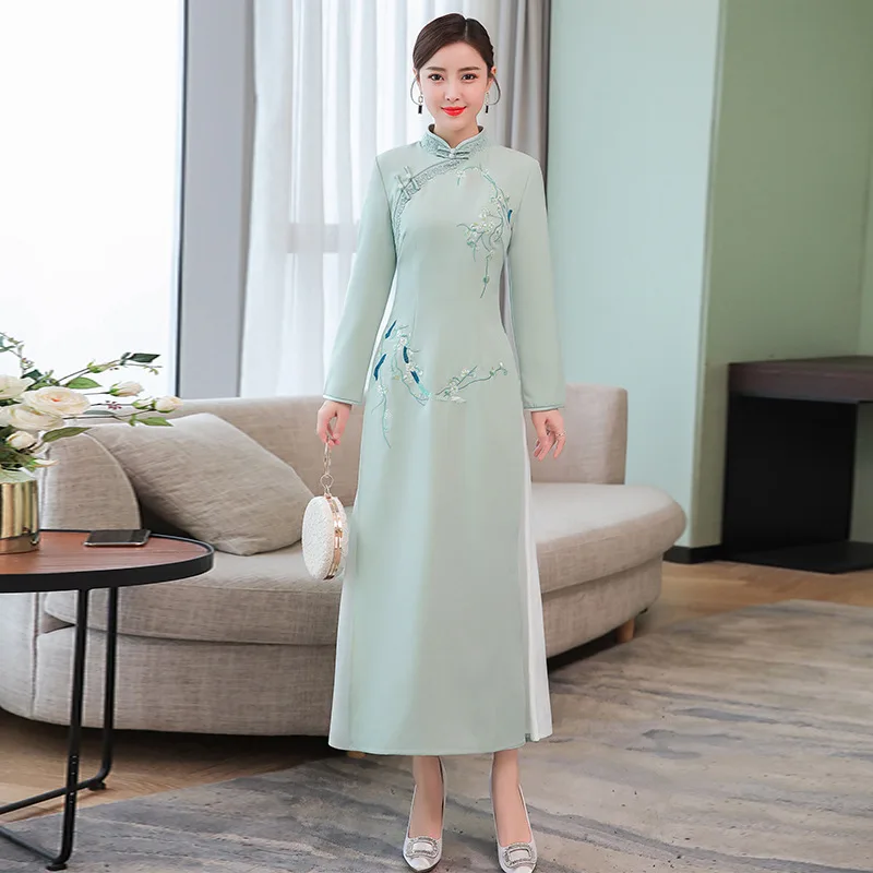 

Spring And Summer Chinese-style Women's Retro Elegant Embroidery Frog Slim Fit Long Improved Cheongsam Audrey Dress