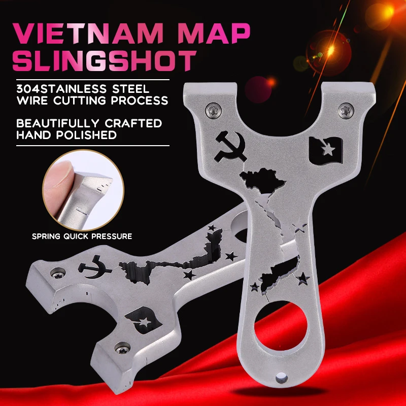 

304 Stainless Steel Map Slingshot Vietnam Map Catapult Flat Leather Precision Clip UFO Sling Shot With Flat Rubber Band