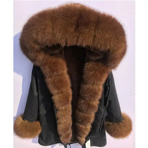 Black6 With Fur Cuff Лидер продаж Женская натуральный мех лисы парка пальто куртка с капюшоном Подкладка из кроличьего меха Рекс пальто - Цвет: Black6 With Fur Cuff