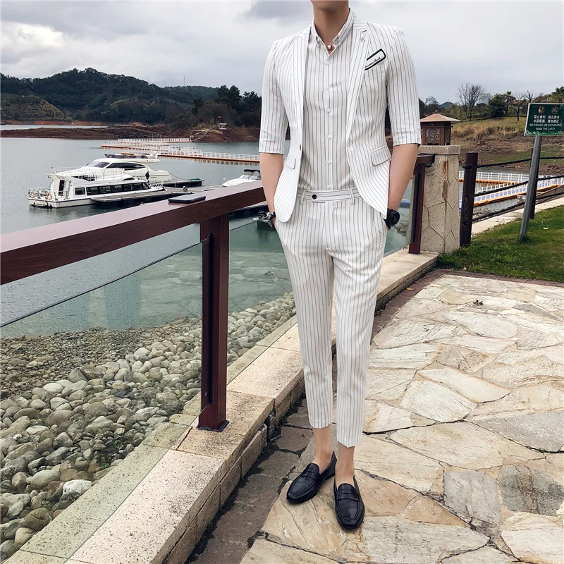 white Streep Slim Fit Heren Pakken Met Broek 2 шт. Pak Mannen Kostuum Homme Mariage бизнес Formele slijage Smoking trouwjurk - Цвет: white