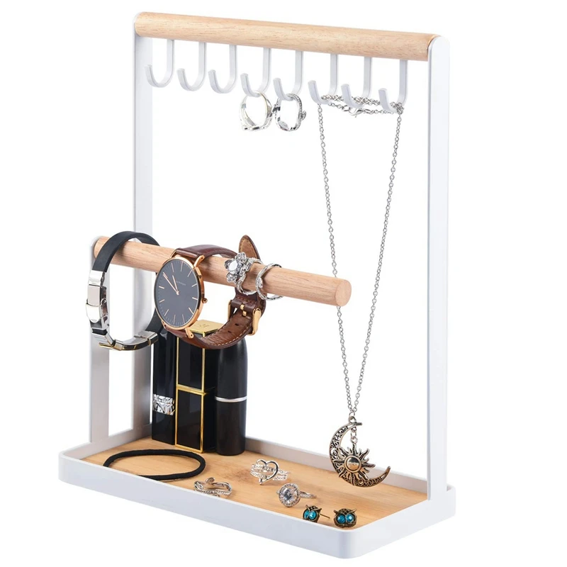 Jewelry Display Stand Holder with Wooden Ring Tray and Hooks Storage Necklaces Bracelets Rings Watc