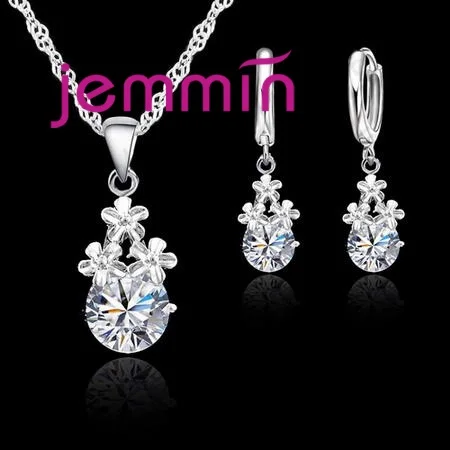 925 Sterling Silver Crystal Jewelry Set For Women Pendant Necklace Earrings Set