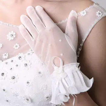 

Ruffles Lace Short Gloves Pearl Beaded Floral Bow Prom Mittens LX9E