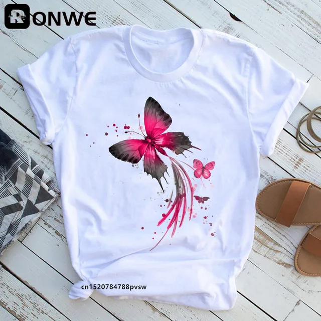 Woman Butterfly Tree Print Harajuku Summer Tshirts Casual Round Neck Short Slee Top Tee Shirt,Drop Ship B2021-2