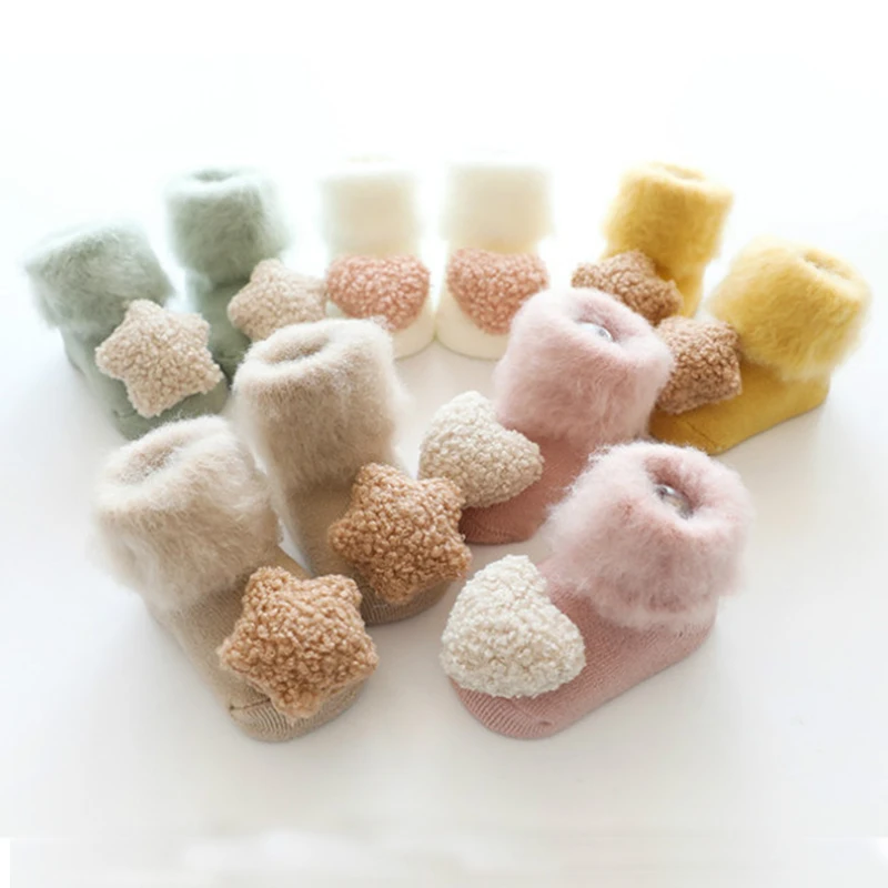 Cute Baby Socks Stereo Doll Socks Autumn Winter Mid Stocks Velvet Thickening Brush Furry Newborn Floor Socks 0-18 months