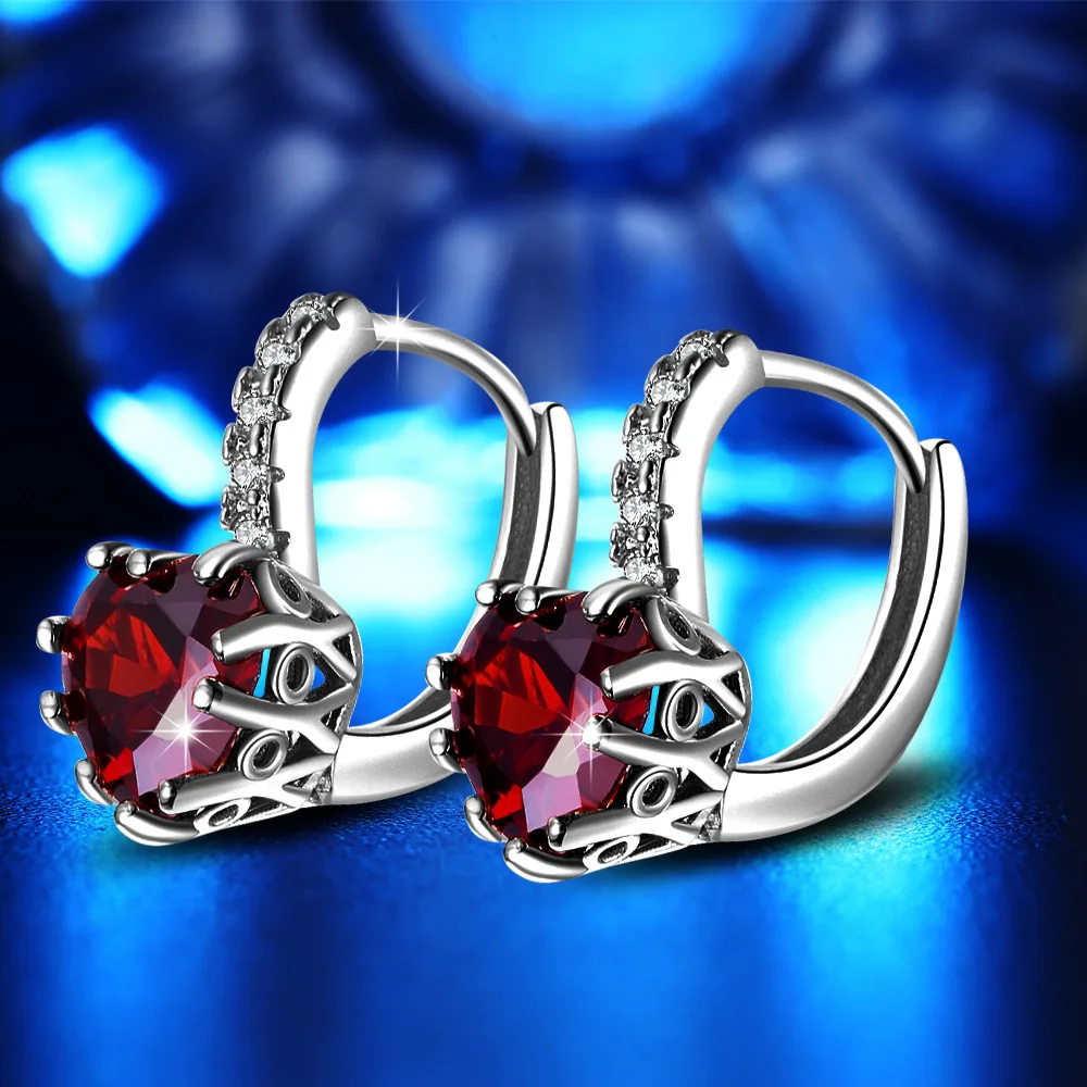 Модные серьги-клипсы в форме сердца в Корейском стиле с красными синими кристаллами и цирконием для женщин и девочек, модные ювелирные изделия - Окраска металла: SR- Red zircon