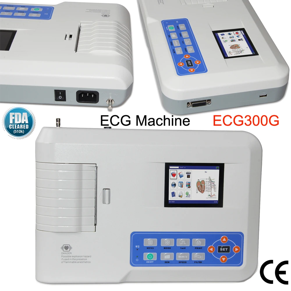 

ECG300G Digital ECG Machine 3 Channel 12 Lead Elektrokardiograph Heart Health ECG EKG Monitor +Software Multi-language CE FDA