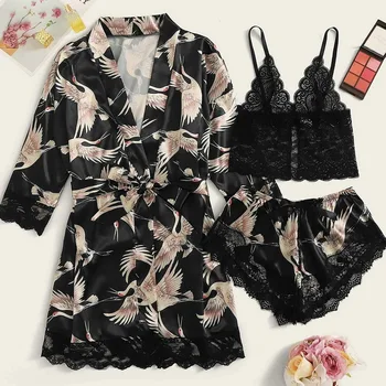 

3Pcs Sexy Pijamas Sets Women Flower Print Pajamas Set Lace Bra Camisole Shorts And Bandage Robe Set 2020 Sleepwear Female Pyjama