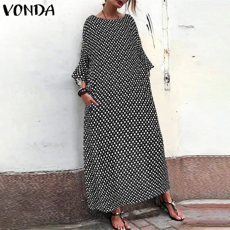 VONDA, сексуальное длинное платье с расклешенными рукавами, женское Повседневное платье с круглым вырезом и принтом в горошек, длинное платье в богемном стиле для беременных, Vestidos Femme Robe 5XL