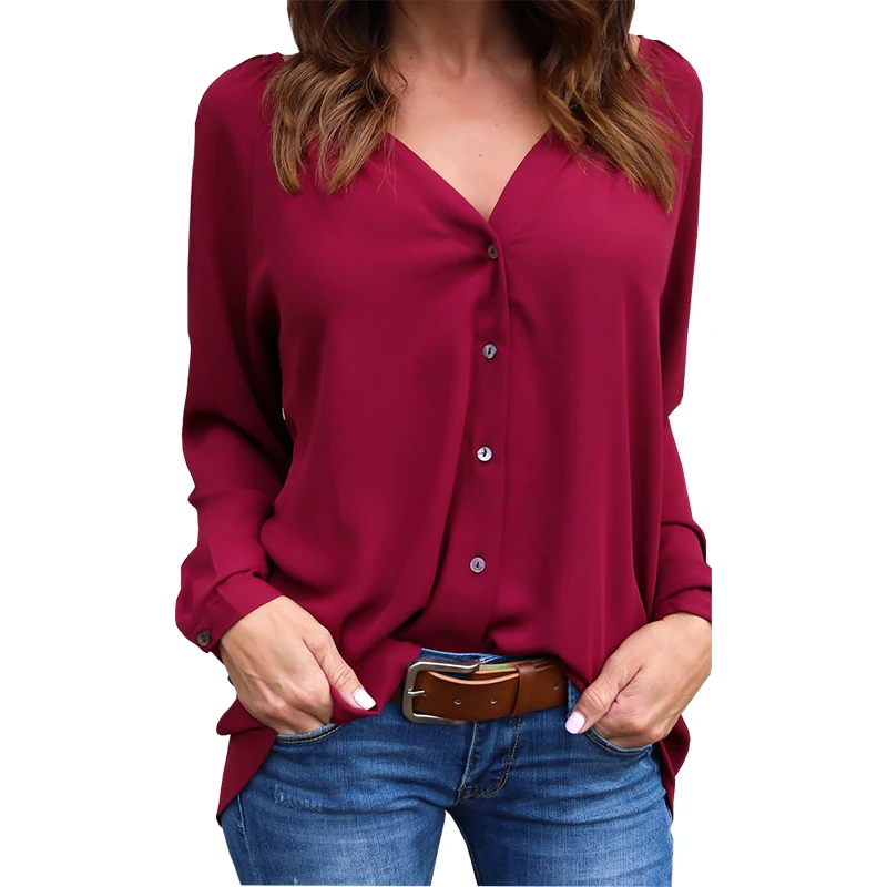 Blusa para mujer, nueva moda AliExpress, camisa holgada de gasa manga larga con botones doblados y escote en V, blusa femenina, Vestidos y camisas| - AliExpress