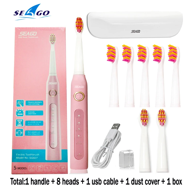 Seago Sonic электрическая зубная щетка SG-507 для взрослых с таймером щетка 5 режимов USB зарядное устройство перезаряжаемые сменные головки зубных щеток Набор - Цвет: pink box head