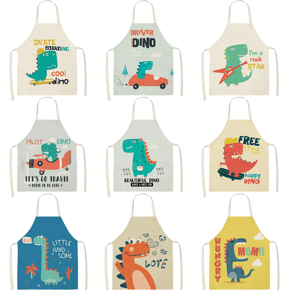 Parent-child Kitchen Apron Cartoon Dinosaur Printed Cotton Linen Baking Cooking Aprons for Women Home Cleaning Apron Delantales