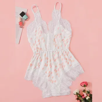 

New Style Women Satin Lace Sexy Lingerie Jumpsuit Exquisite V-neck Dot Sleeveless Siamese Sleepwear Underwear Babydoll Bodysuit