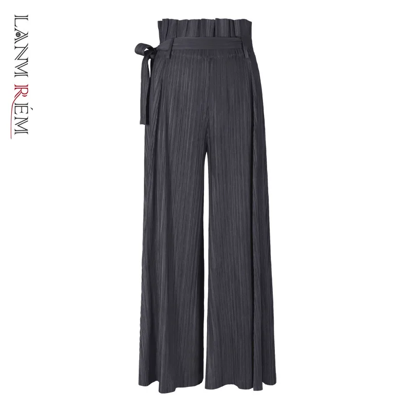 LANMREM 2020 autumn women's pleated pants Big Horn with belt loose stretch fabric wide leg for famale YJ158 | Женская одежда