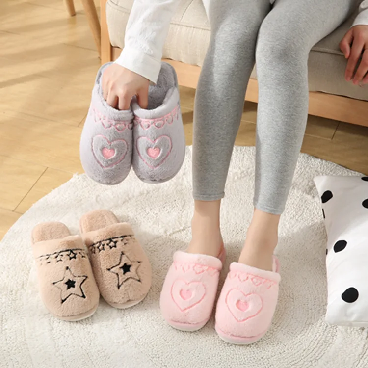 

Household Indoor Autumn & Winter Couples Cotton Slippers Anti-slip Thick Warm Cute Faux Rabbit Fur Heart Plush Slipper Women's