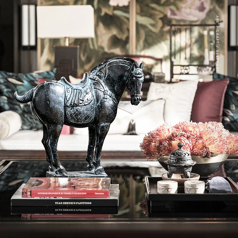 

Retro Series Blue War Horse Decoration European Creative Home Ornament Living Room Office Sandstone Decor Gift Statue Sculpture
