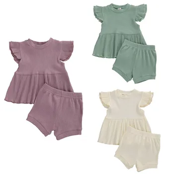 

Summer Toddler Kids Baby Girl Ribbed Clothes Solid Color Tops Vest Mini Dress Shorts Pants 2Pcs Outfits Set Kids Ribbed Clothing