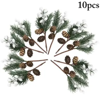

10pcs Christmas Berry Pick Pinecone Simulated Pine Needle Branch Small Pine Twig For Wedding Party Floral Decor Flower Crafts