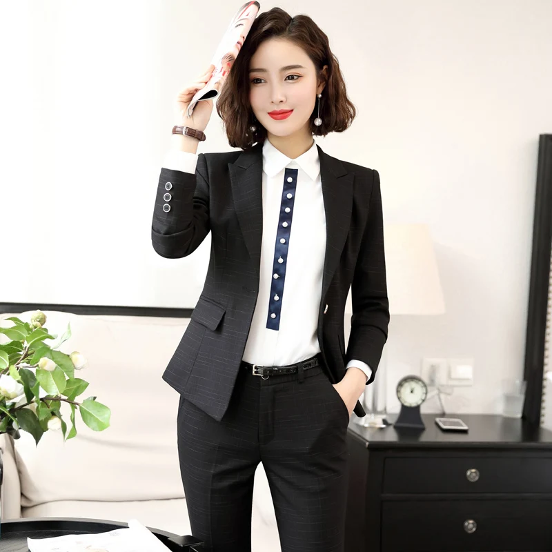 Осень, Женские официальные брюки, костюмы, блейзер, OL, для офиса, для девушек, для работы, бизнес, униформы, брюки, 2 шт, набор, Азиатский размер S-5XL - Цвет: black and trouser