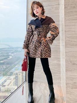

Leopard print detachable knitted shawl lapel waist trench coat jacket women's 2020 autumn new